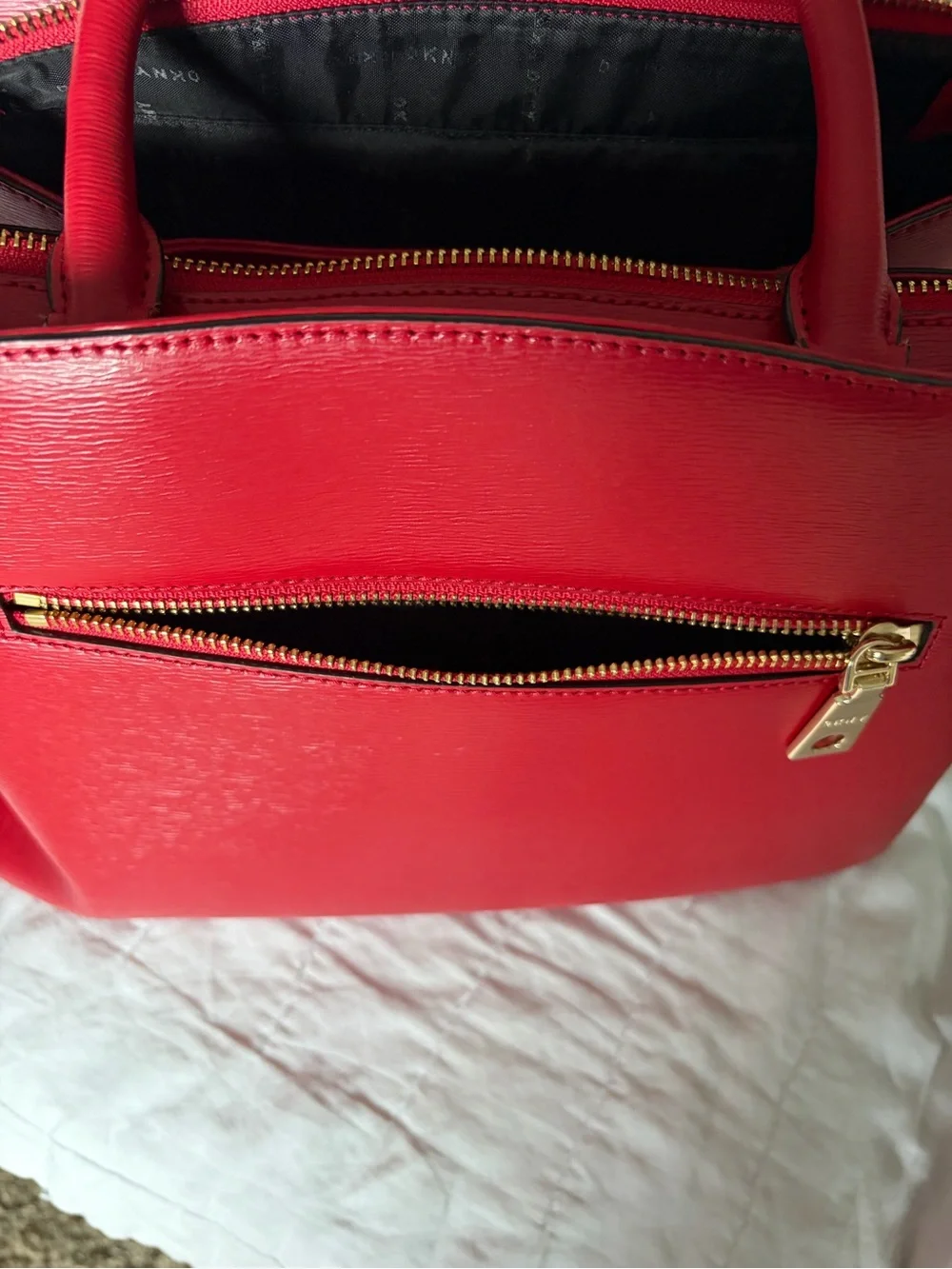 DKNY Cherry Red Saffiano Leather Satchel Bag with Gold Hardware